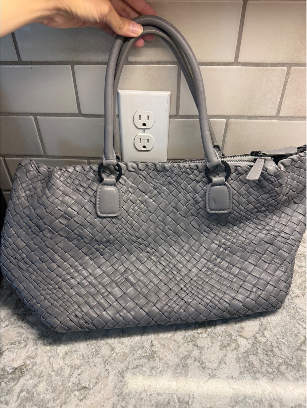 Falor Italian Leather Large Handbag Double Zip Grey F1800